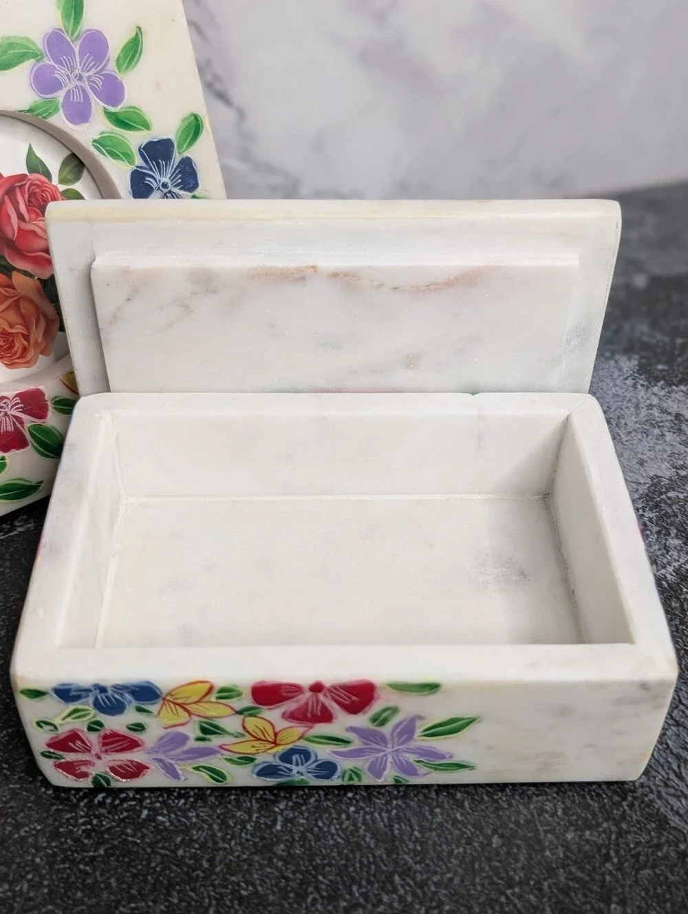 Hand Painted Genuine Marble Vanity Set - Frame And Trinket Box NWOT